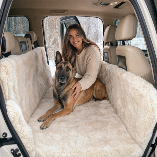 Wide view of an SUV back seat covered end to end by a cream faux-fur backseat protector, a Belgian Malinois lying on the flat platform beside a seated woman, snowy forest through the windows
