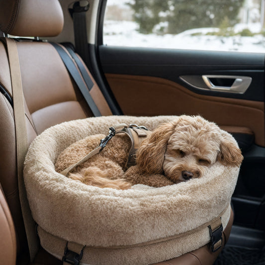 Small dog resting in a cream faux-fur round car bed, harness tether clipped, snow outside