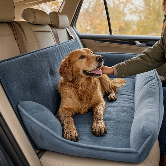 Golden retriever lying in a grey structured car bed covering the full back seat
