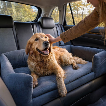 Golden retriever in a grey padded car bed on the back seat, an owner's hand resting on its head