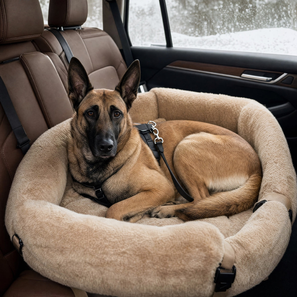 Belgian Malinois curled in a beige faux-fur round car bed on a car seat, snow outside the window