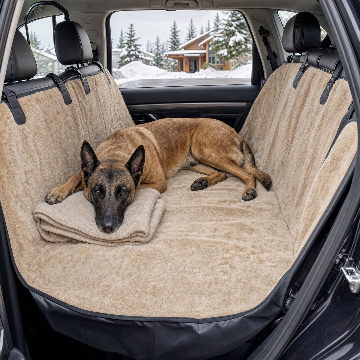 Belgian Malinois lying on a beige full-bench seat cover, snowy cabin outside the window