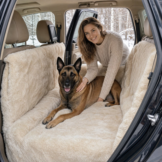 A woman reaching into an open SUV rear door, hand resting on a Belgian Malinois lying on a cream faux-fur full backseat protector, snow outside the windows