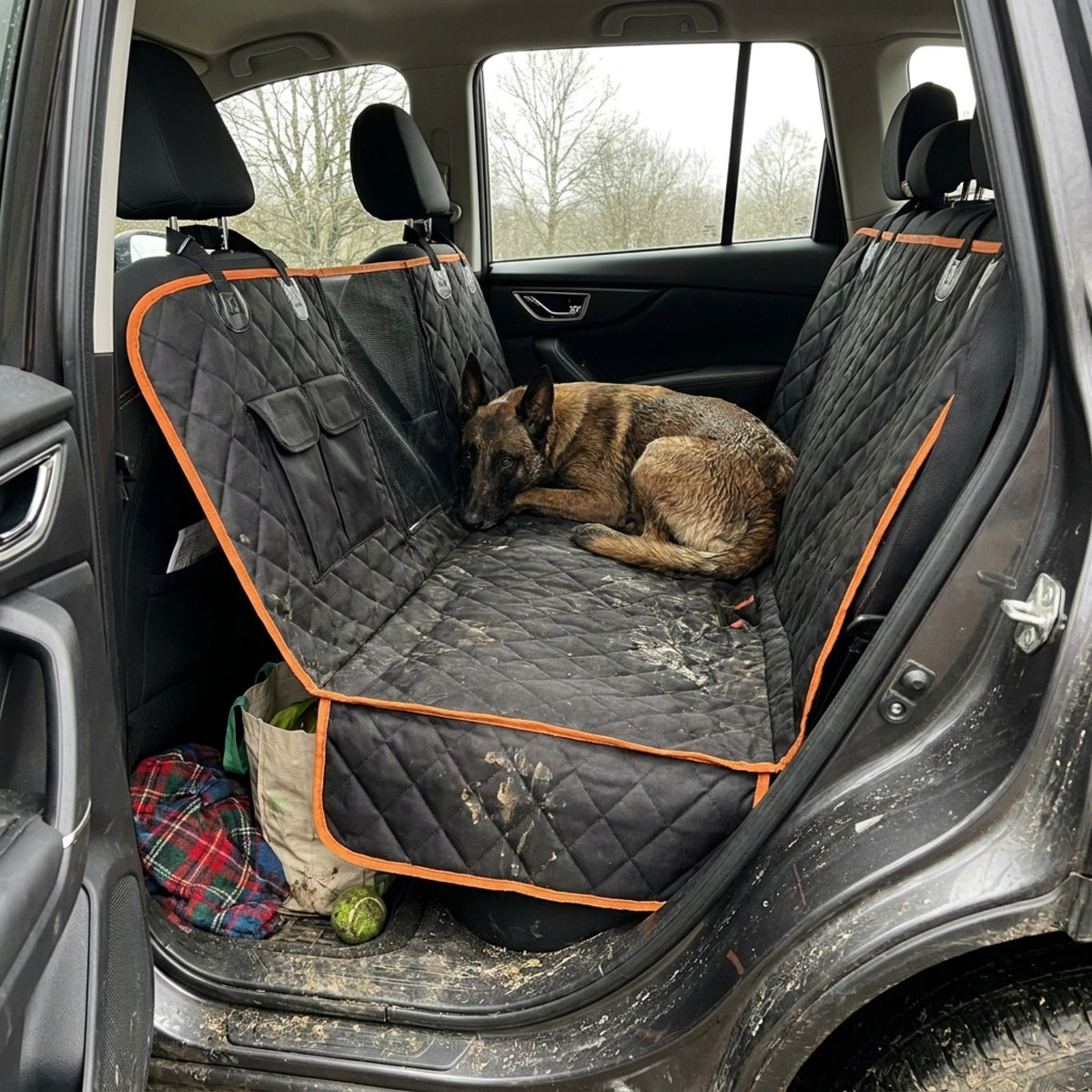 Muddy Belgian Malinois on a black quilted hammock seat cover after a winter walk