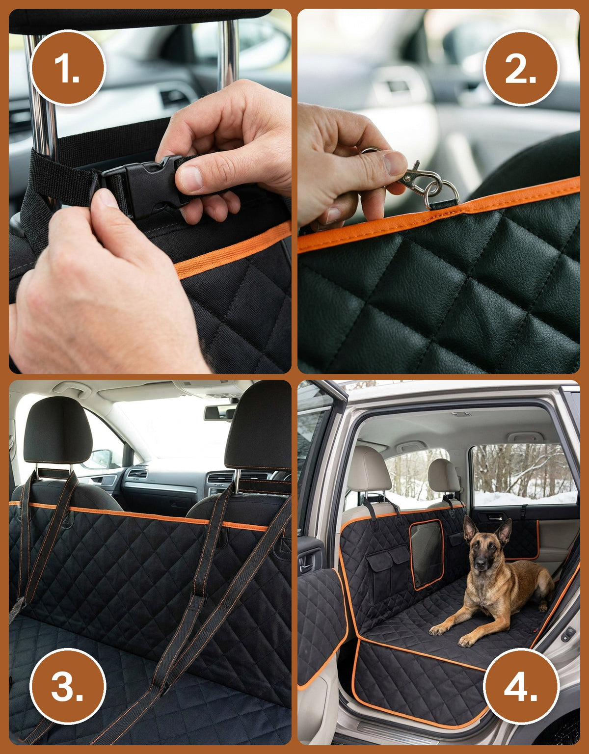 Four numbered steps to fit the cover: fastening a buckle around a rear headrest post, clipping a snap hook to a D-ring, the front straps running to the front headrests, and the finished fit with a dog lying on it.