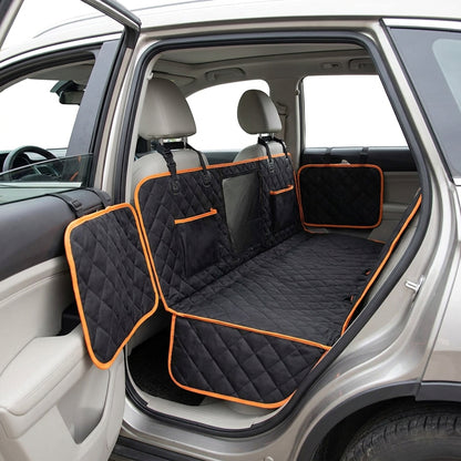 Side view of the black quilted hammock seat cover with both fold-out flaps covering the door panels and storage pockets on the rear panel