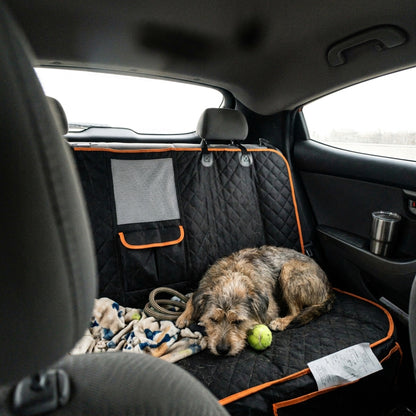 A scruffy dog asleep on a black quilted hammock seat cover with orange trim, a leash, tennis ball and fleece blanket around it, seen from the front seat